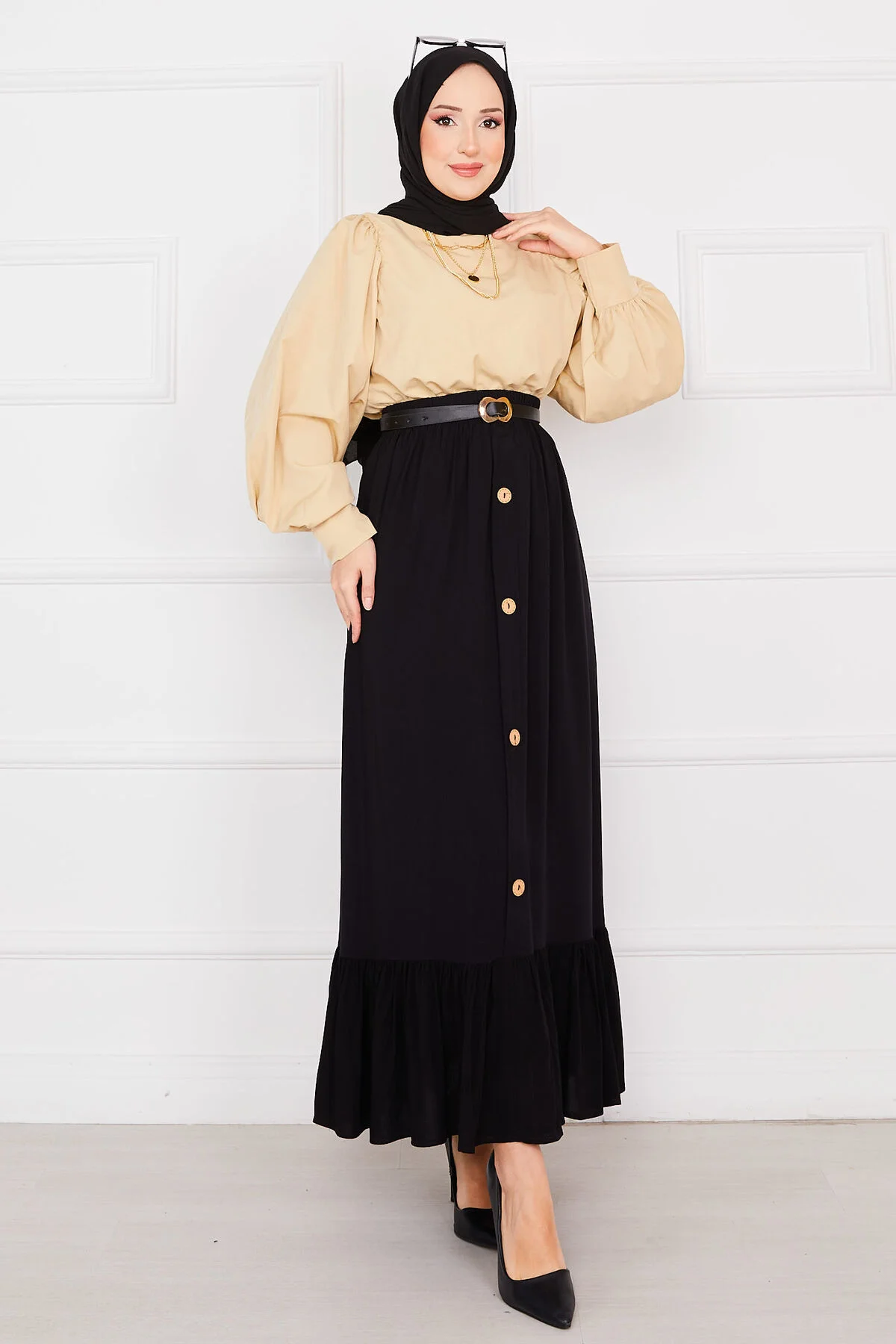 Elastic Waist Button Detail Modest Skirt Black