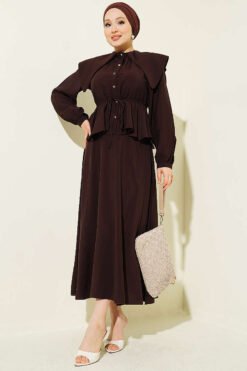 Navy Collar Skirt Set Brown