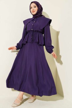 Navy Collar Skirt Set Purple