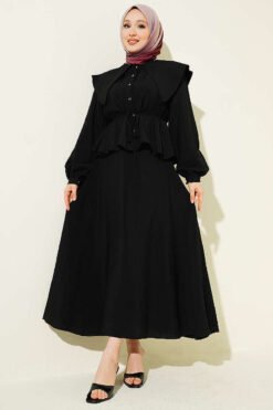 Navy Collar Skirt Set Black