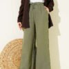 Elastic Waist Wide Leg Muslin Pants Khaki