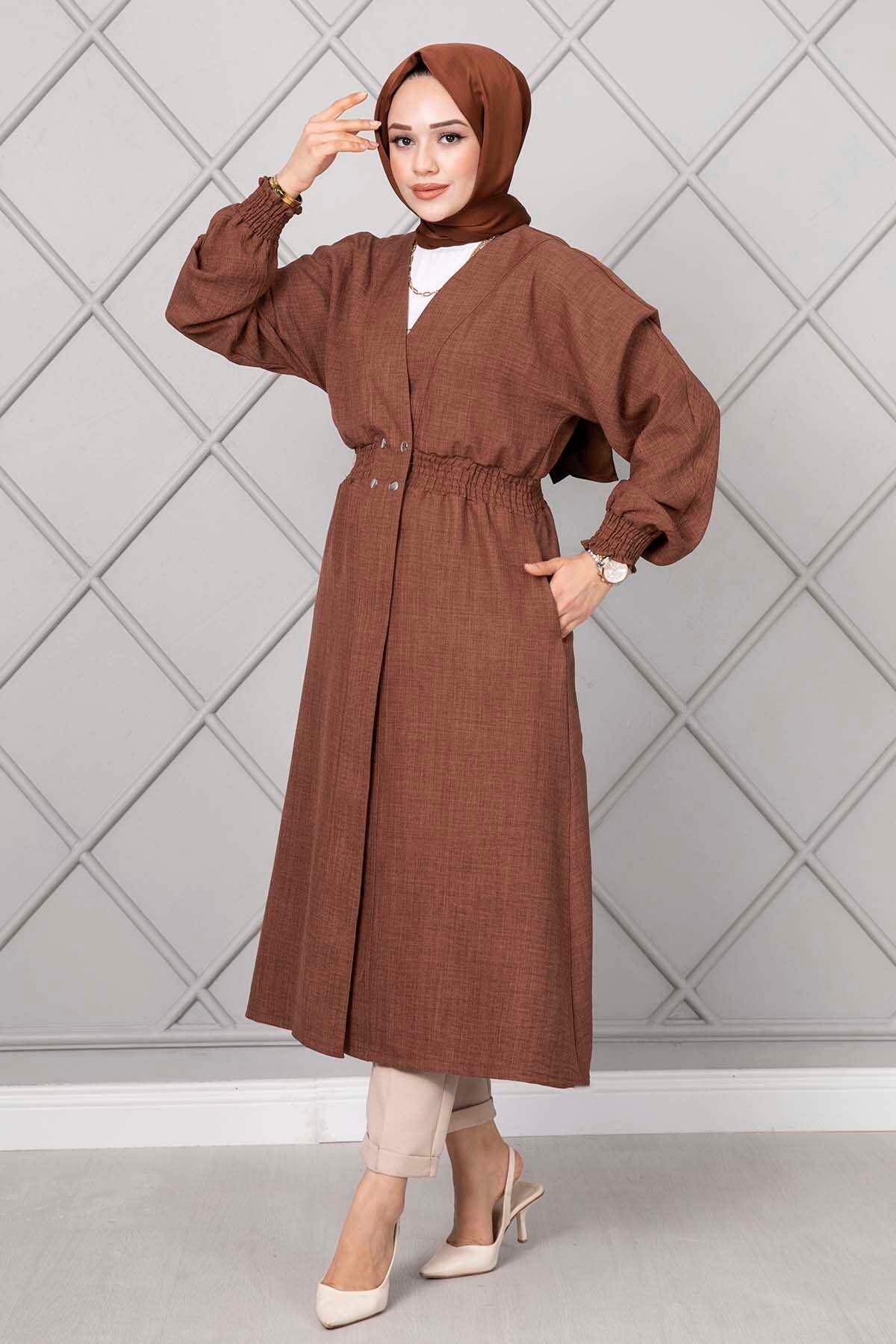 Long Elastic Waist Modest Coat Brown - الصورة 3