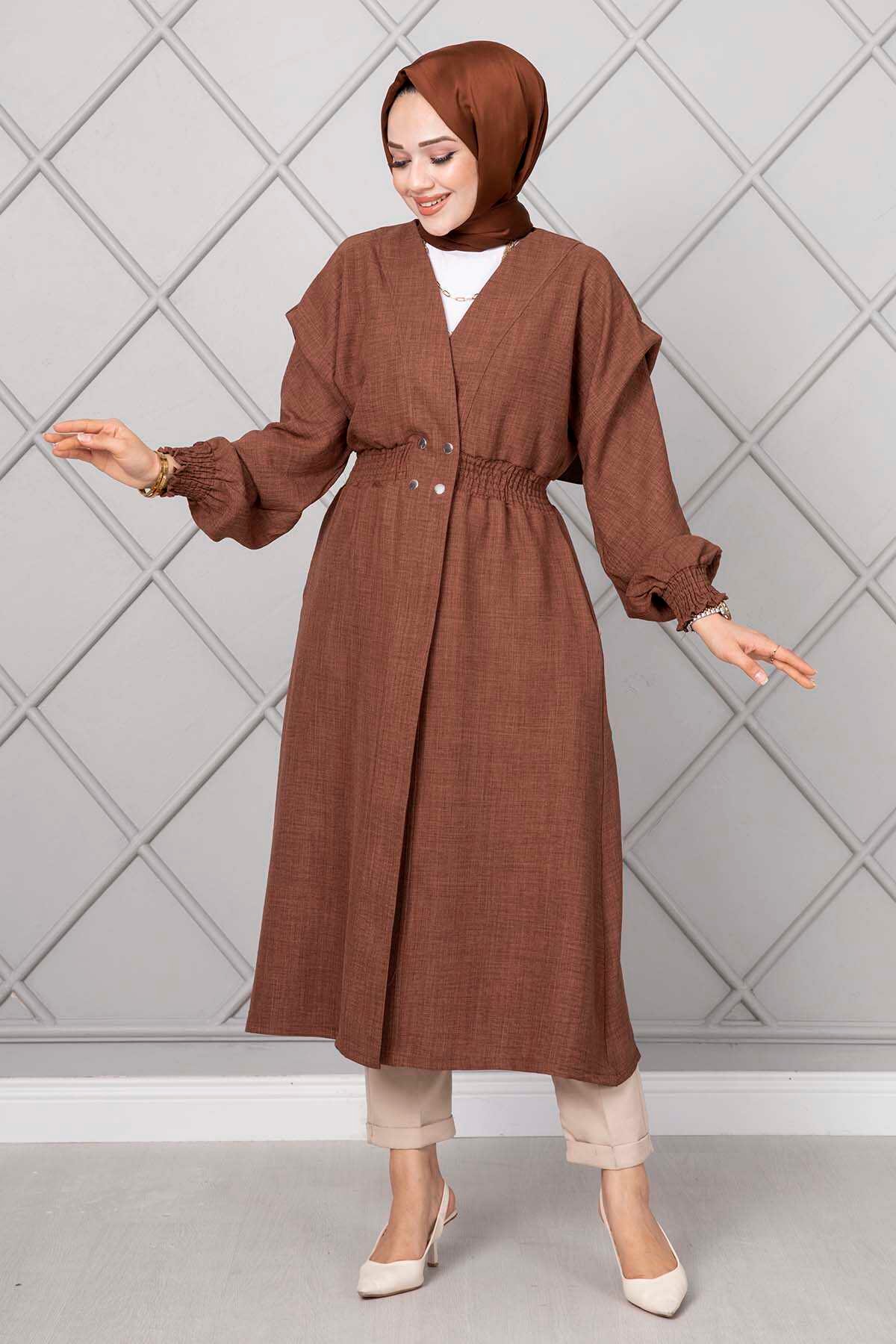 Long Elastic Waist Modest Coat Brown - الصورة 4
