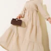 Waist Elastic Tiered Dress Beige