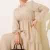 ⁦Waist Elastic Tiered Dress Beige⁩ - الصورة ⁦2⁩