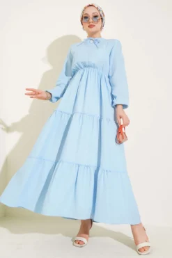 Waist Elastic Tiered Dress Blue