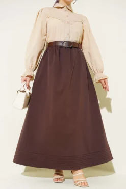 Elastic Waistband Belted Flared Skirt Brown