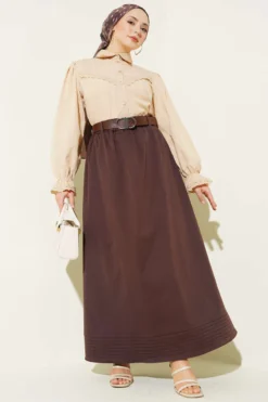 Alternative view of Elastic Waistband Belted Flared Skirt Brown