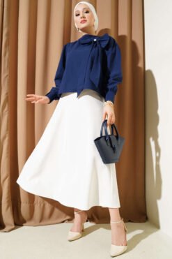 Vista alternativa di Elastic Waist Flared Basic Skirt White