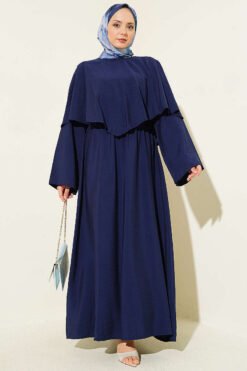Belted Dress with Cape Navy Blue