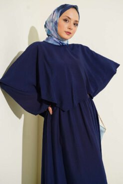 Vista alternativa di Belted Dress with Cape Navy Blue