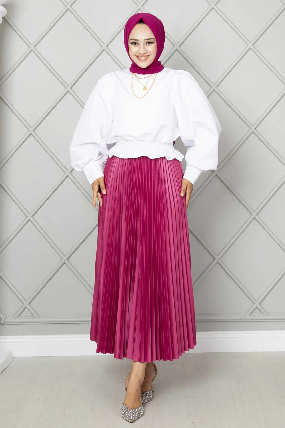 Elastic Waist Pleated Modest Skirt Fuchsia