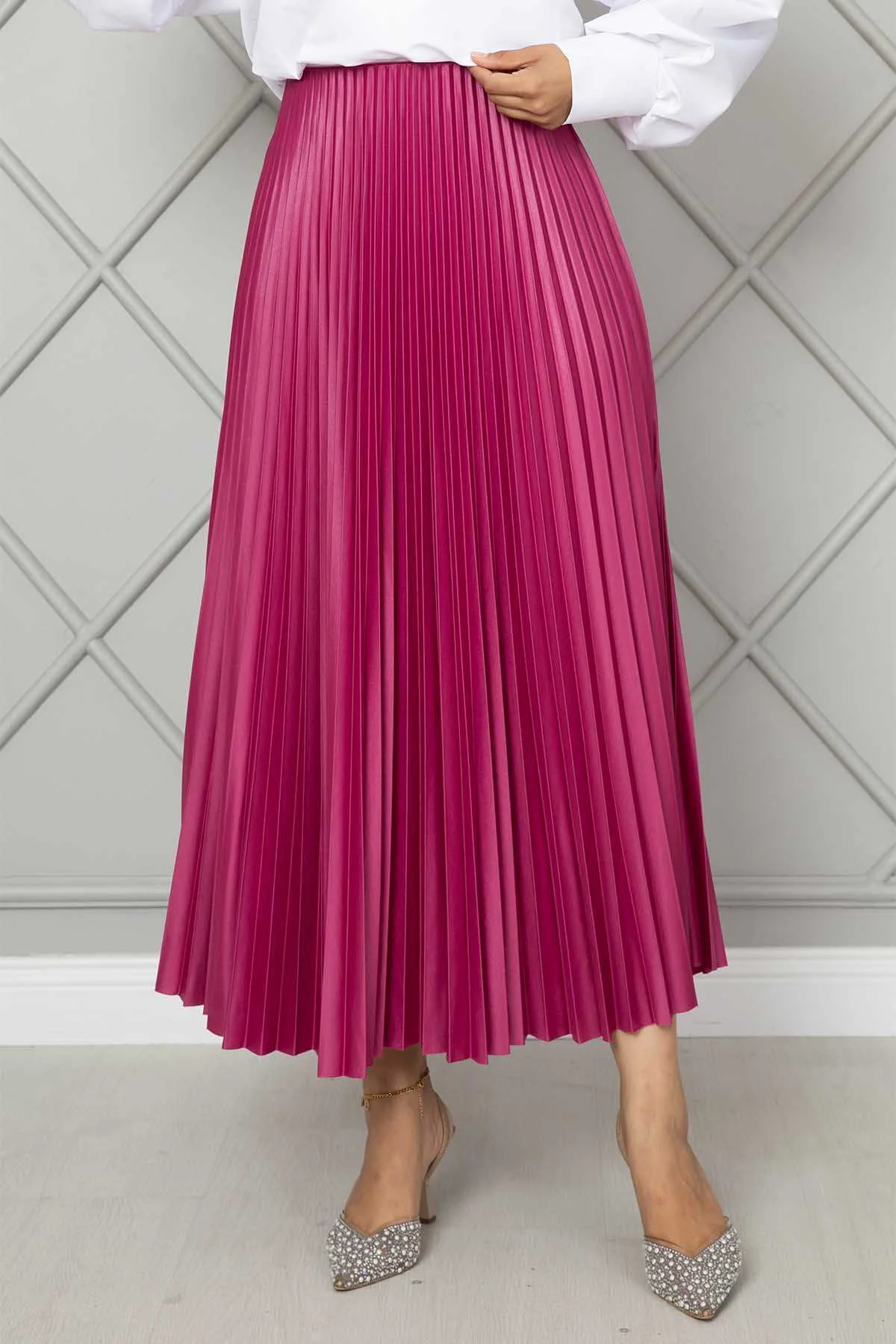 Elastic Waist Pleated Modest Skirt Fuchsia - الصورة 2