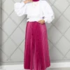 Elastic Waist Pleated Modest Skirt Fuchsia - الصورة 3