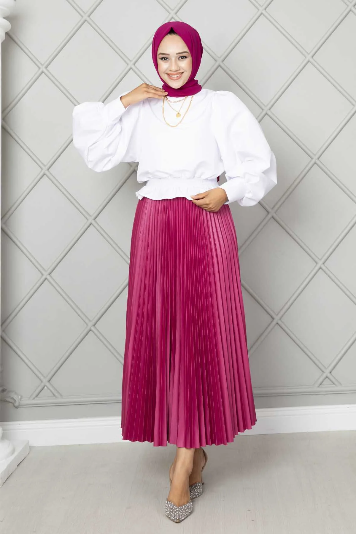Elastic Waist Pleated Modest Skirt Fuchsia - الصورة 3