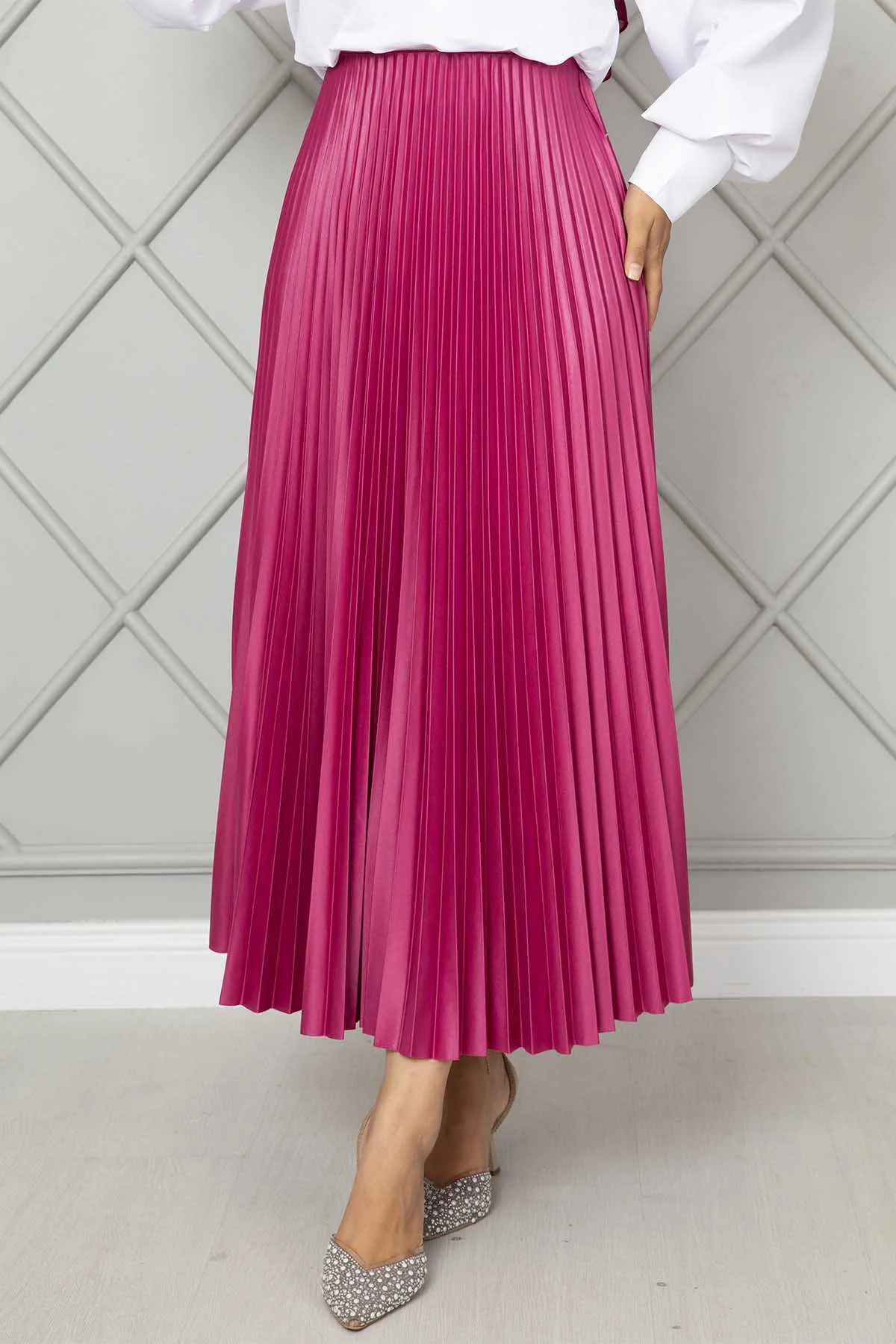 Elastic Waist Pleated Modest Skirt Fuchsia - الصورة 4