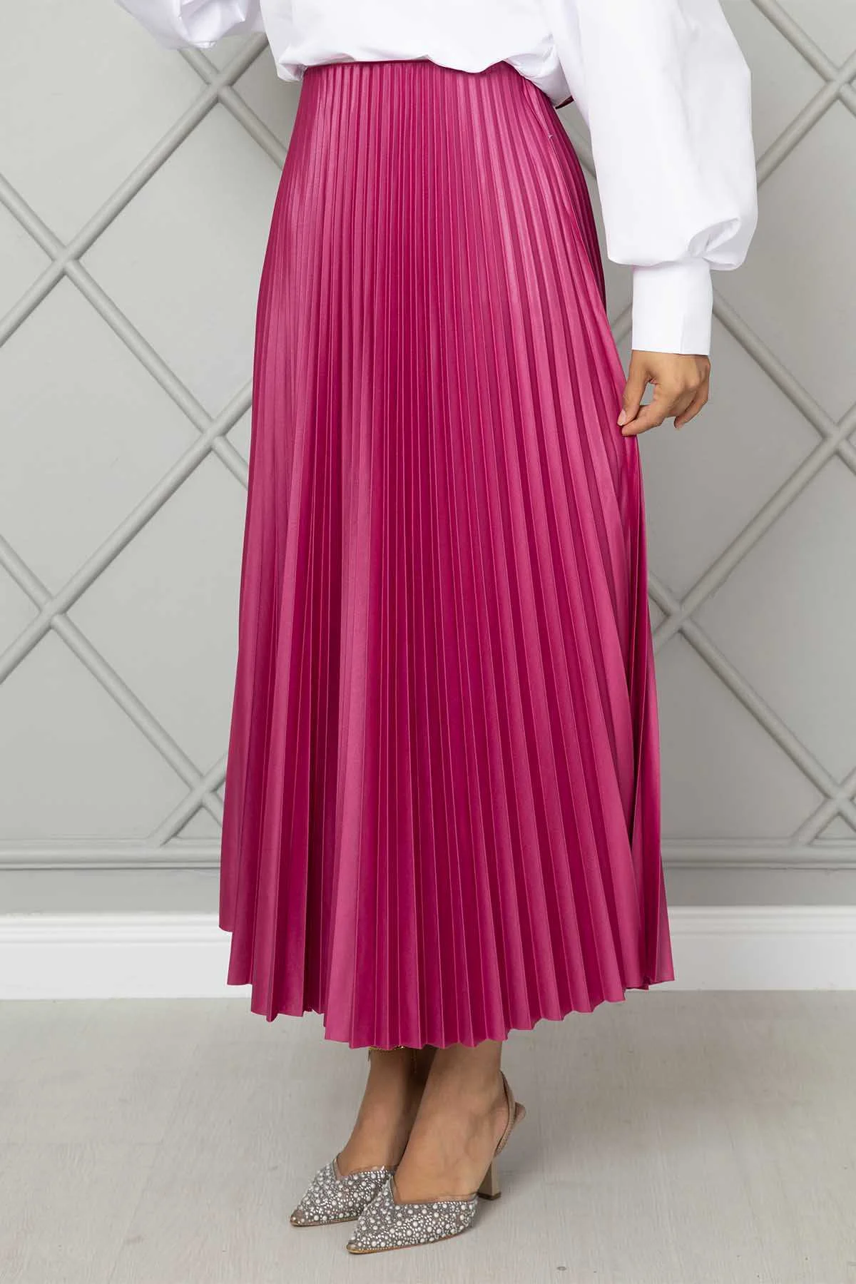Elastic Waist Pleated Modest Skirt Fuchsia - الصورة 5