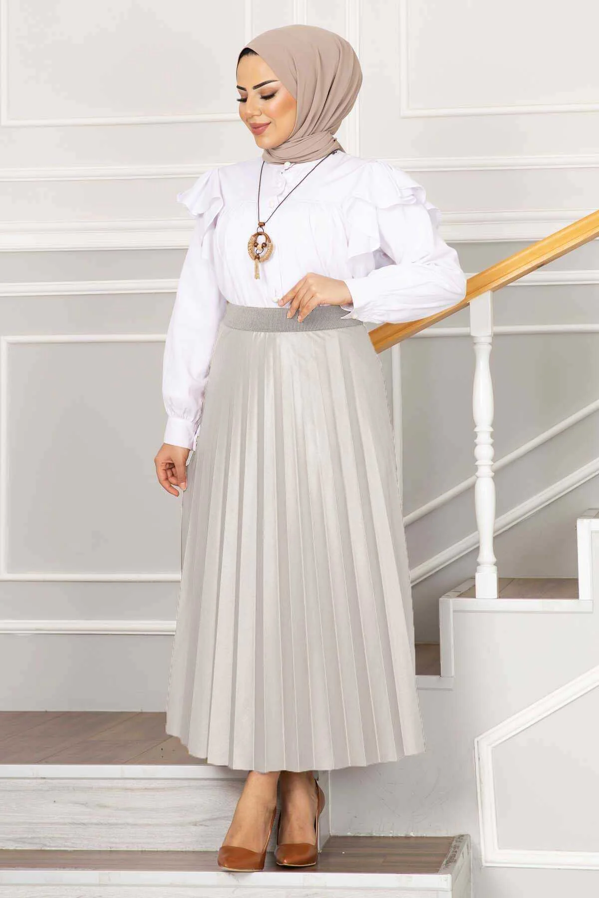 Elastic Waist Pleated Modest Skirt Stone