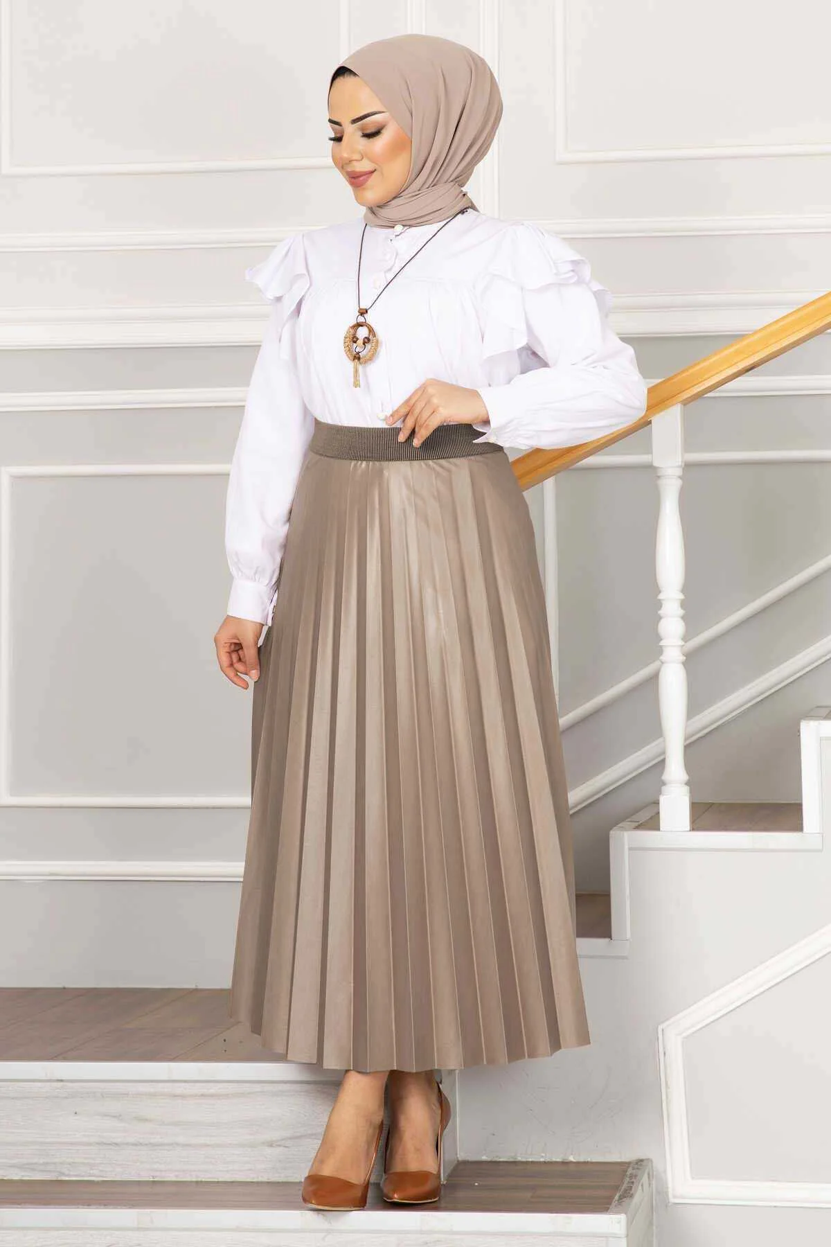 Elastic Waist Pleated Modest Skirt Mink - immagine 3