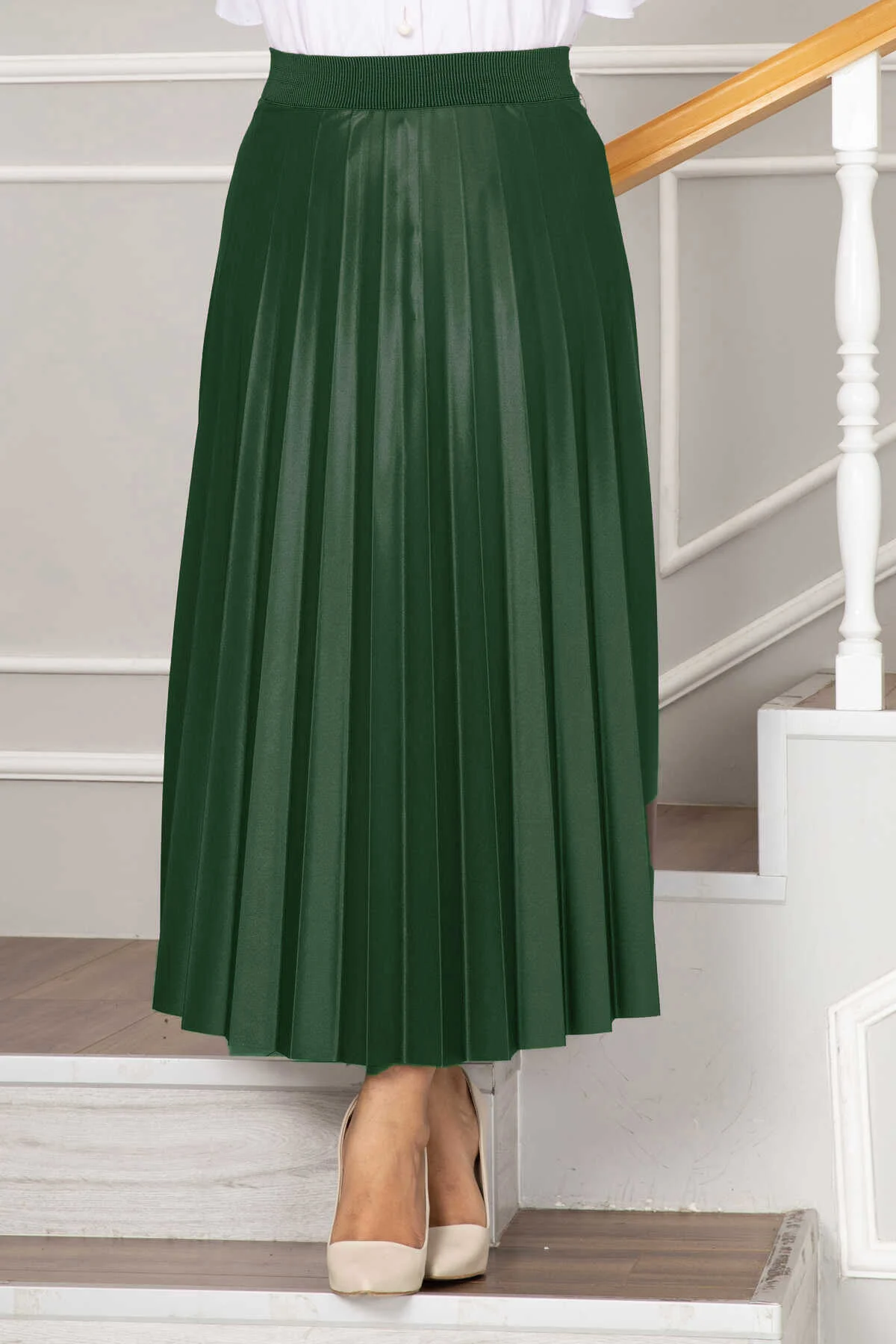 Elastic Waist Pleated Modest Skirt Emerald – Bild 2