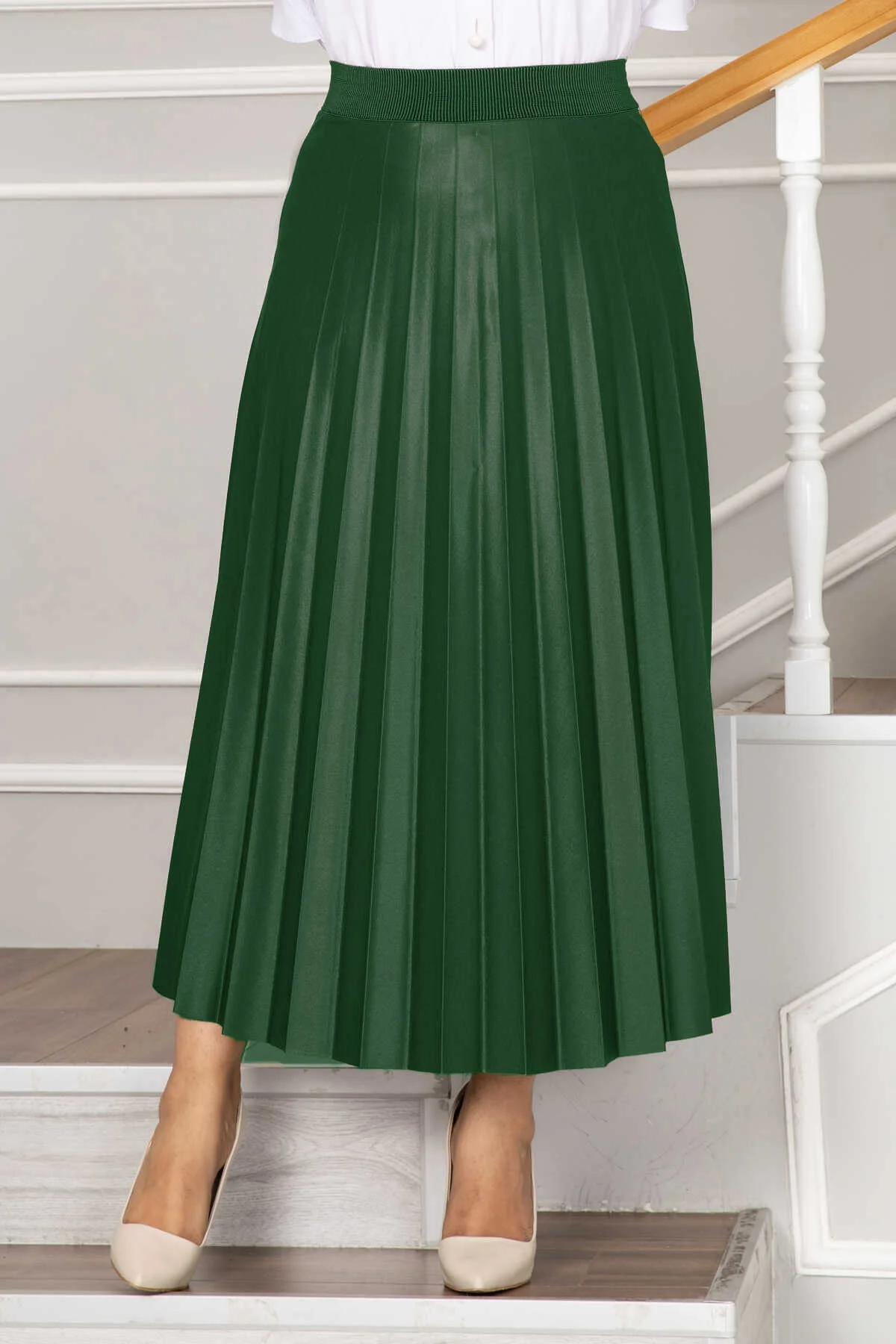 Elastic Waist Pleated Modest Skirt Emerald – Bild 3