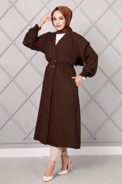 Long Elastic Waist Modest Coat Brown