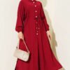 Belted Tunic with Buttons Long Two-Piece Set Burgundy