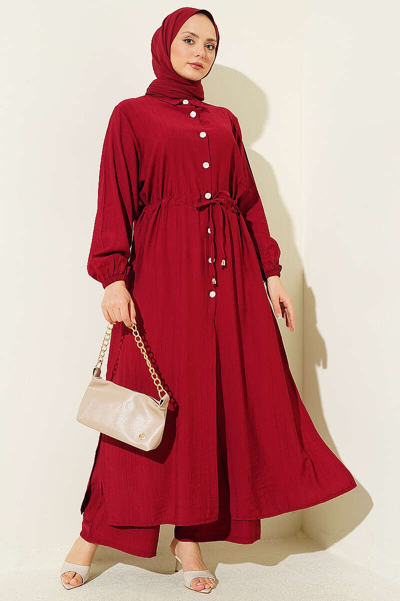Belted Tunic with Buttons Long Two-Piece Set Burgundy