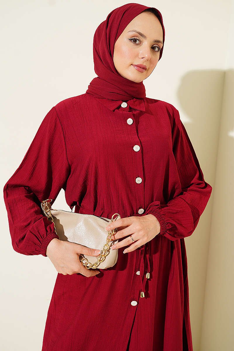 Belted Tunic with Buttons Long Two-Piece Set Burgundy - Image 2