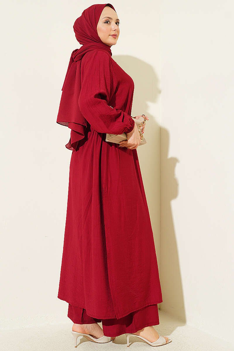 Belted Tunic with Buttons Long Two-Piece Set Burgundy - Image 3