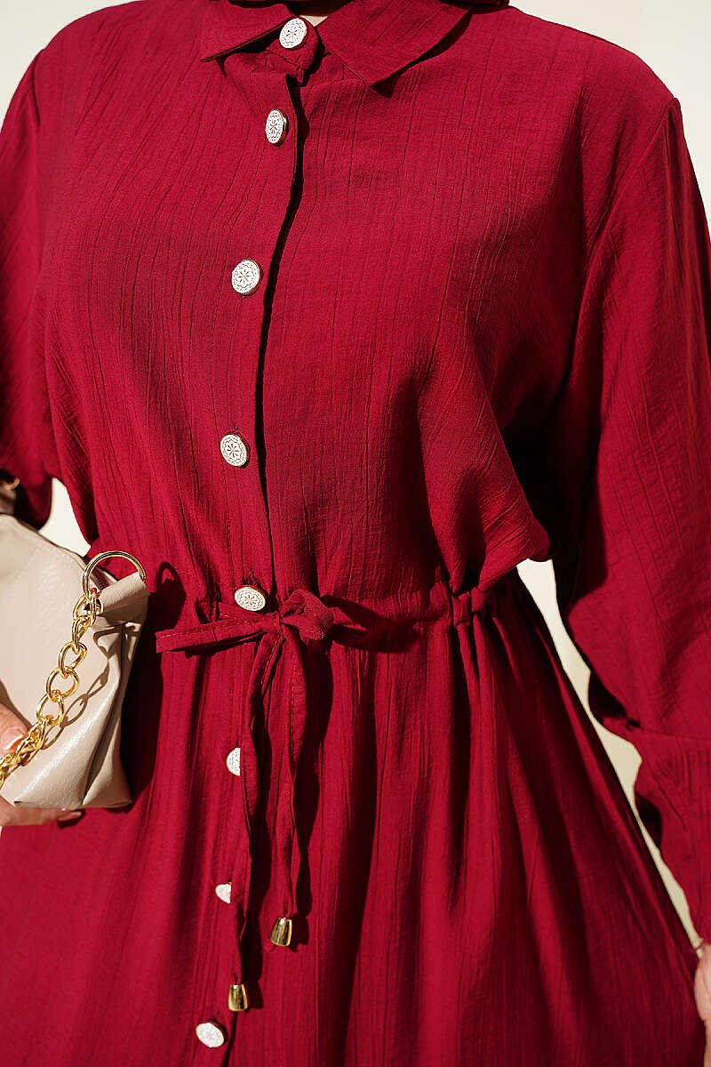 Belted Tunic with Buttons Long Two-Piece Set Burgundy - Image 4