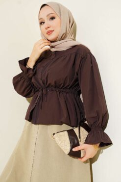 Short Shirt with Elastic Waist and Tunnel at the Ankle Brown