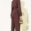 ⁦Ankle Tie Front Ribbed Two-Piece Set Brown⁩ - الصورة ⁦3⁩