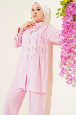 Alternative view of Ankle Tie Front Ribbed Two-Piece Set Pink