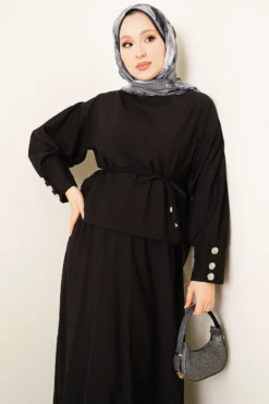 Alternative view of Ankle Button Blouse and Skirt Set Black