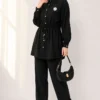 Shirt Collar Waist Tunic Two-Piece Set Black