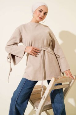 Ankle Tie Ribbed Cashmere Tunic Beige