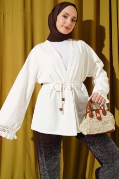 Ankle Fringed Linen Kimono Ecru