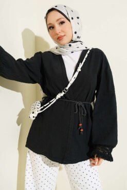 Ankle Fringed Linen Kimono Black