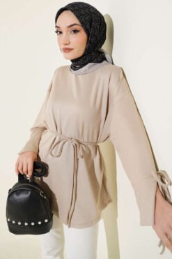 Ankle Slit Tied Tunic Beige