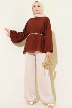 منظر بديل لـ Crew Neck Drawstring Tunic Brown