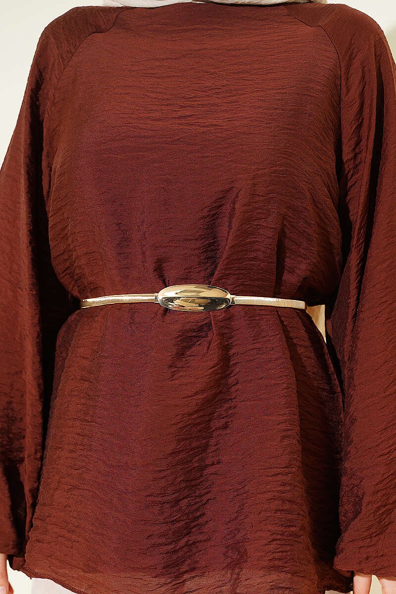 Crew Neck Drawstring Tunic Brown - الصورة 4