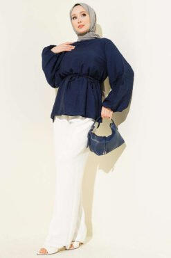 منظر بديل لـ Crew Neck Drawstring Tunic Navy Blue