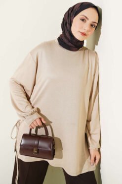 Crew Neck Side Tie Tunic Beige