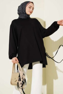 Crew Neck Side Tie Tunic Black