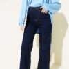 Wide Leg Pocket Denim Pants Navy Blue