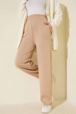 Wide Leg High Waist Elastic Pants Beige