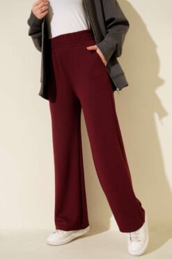 Wide Leg High Waist Elastic Pants Burgundy