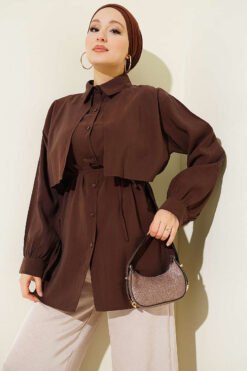 Bolero Detailed Tie Belt Tencel Shirt Brown
