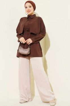 Vue alternative de Bolero Detailed Tie Belt Tencel Shirt Brown